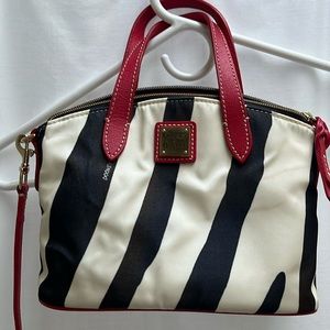 Zebra striped Dooney & Bourke purse, small with red leather trim